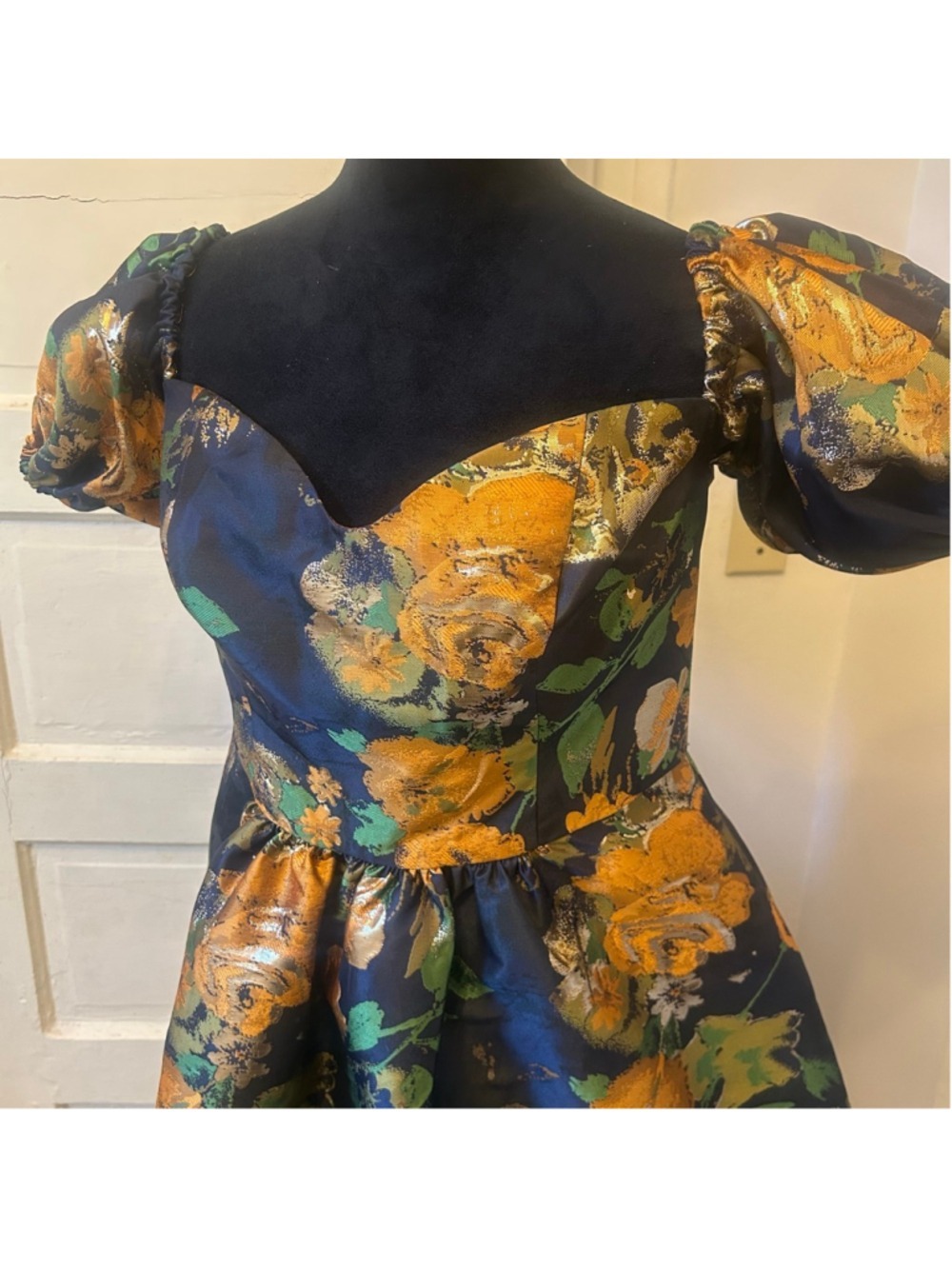 Women's DB Studio Navy Gold Floral High Low Dress Size 12 Regency Romantic - Picture 2 of 9